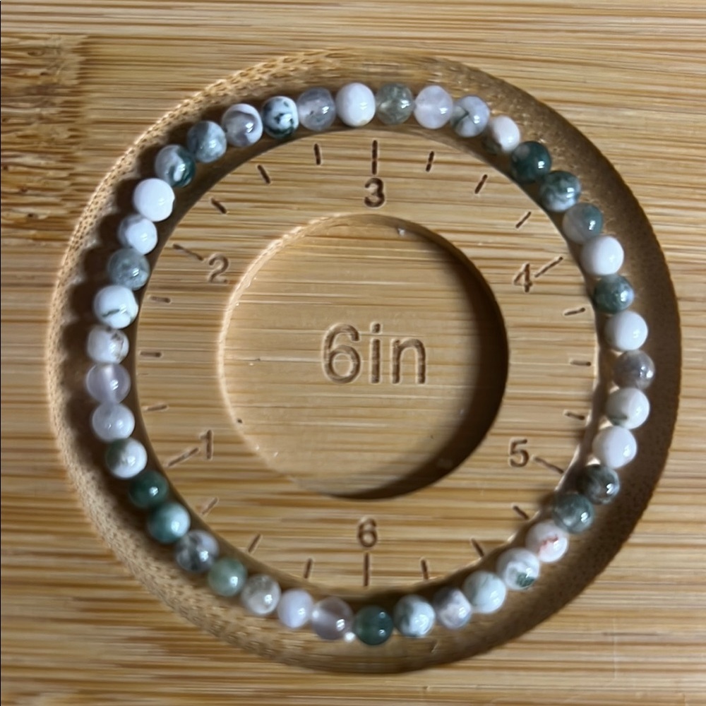 Tree Agate Green & White Gemstone Bracelet – 6” Stretch length, 4mm Beads